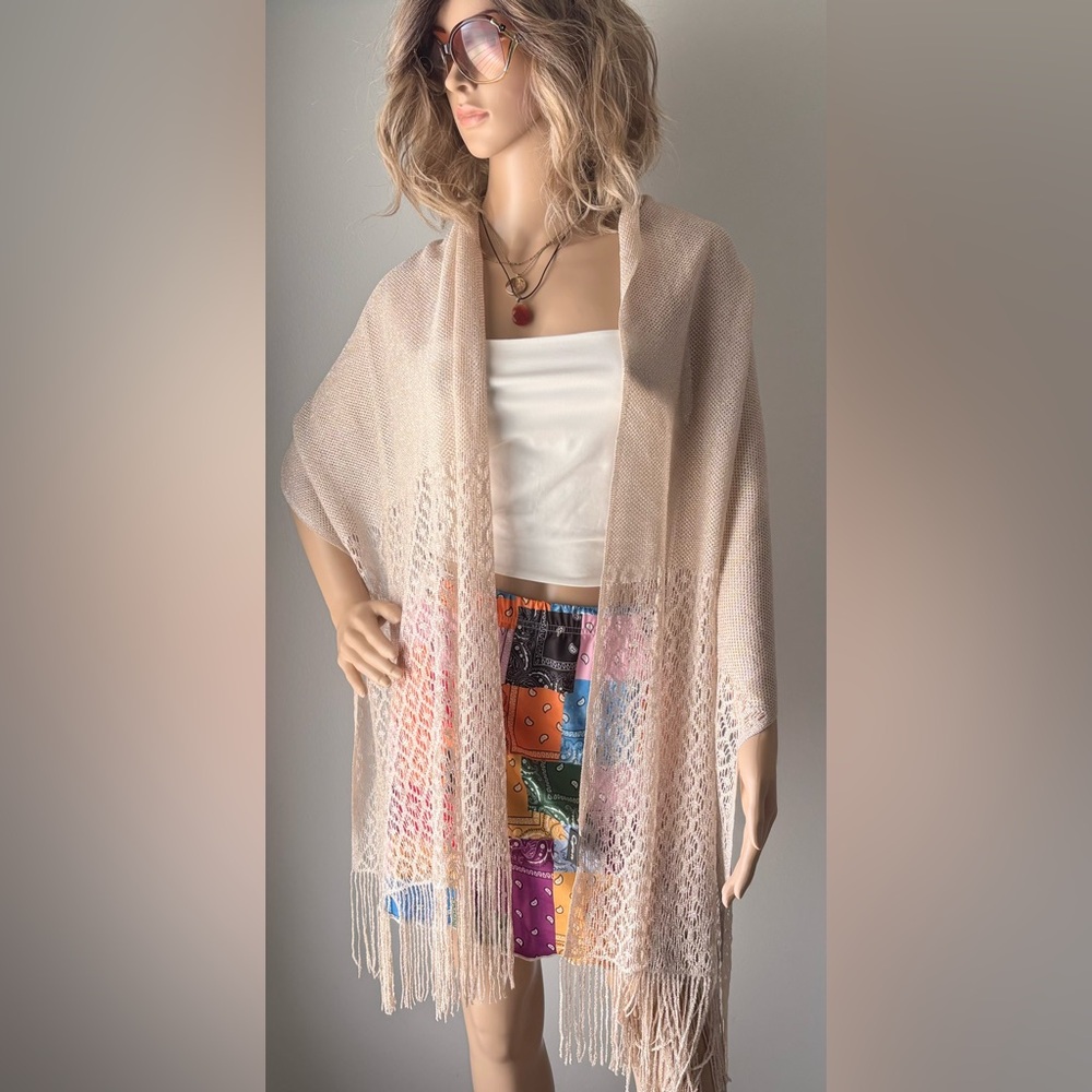 Cejon Elegant Cream Shawl with Fringe shiny very soft. Just beautiful